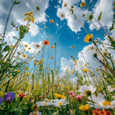 Wildflower Field Under Blue Sky