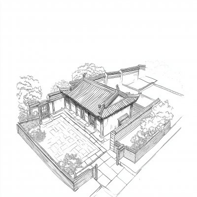 Ancient Chinese Folk House Eaves and Courtyard Sketch