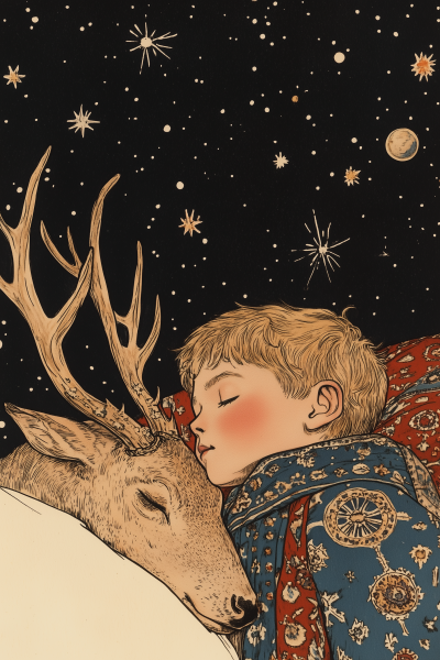 Sleeping Boy and Deer on Night Sky Background