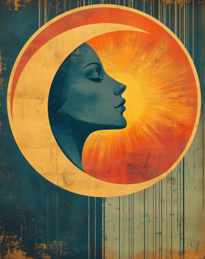 Art Deco Vintage Poster with Crescent Sun