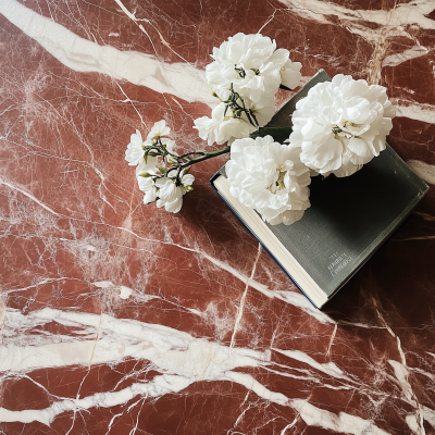 Red Marble Tabletop with Decor