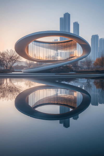 Circular Glass Building Over Lake