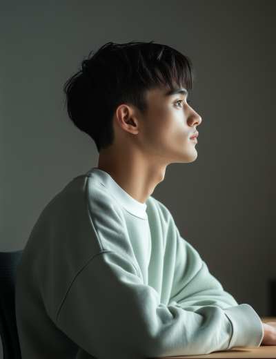 Portrait of a young Asian man at a desk