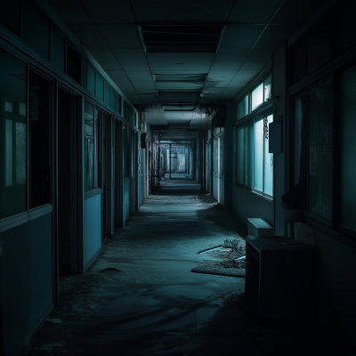 Eerie Abandoned Hospital Hallway at Night