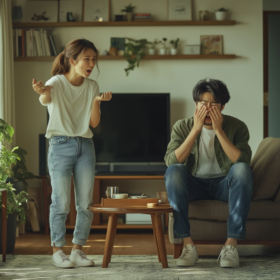 Japanese Couple Arguing in Living Room