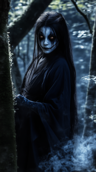 Japanese Female Sorcerer in a Dreary Forest