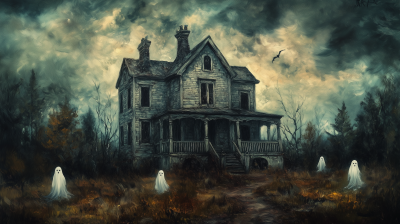 Vintage Haunted House Oil Painting