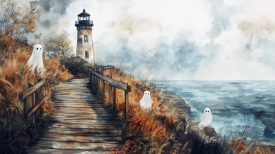 Autumn Lighthouse Watercolor Painting