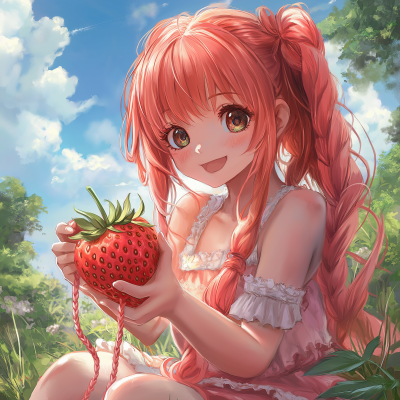 Anime girl crocheting a strawberry