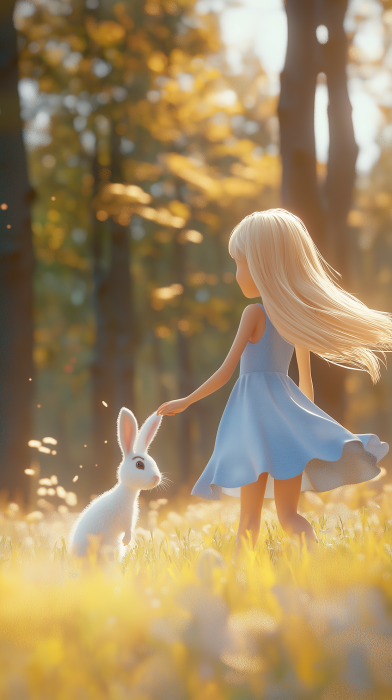 Teenage Girl Chasing Rabbit in the Forest