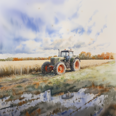 Watercolor Tractor on Farm