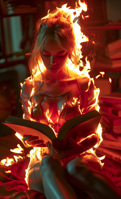 Woman Reading a Burning Book