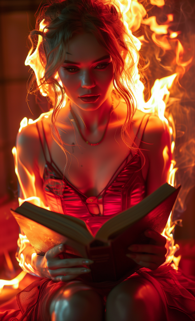 Woman Reading a Burning Book