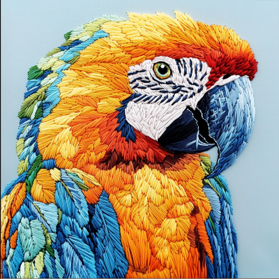 Realistic Embroidery of a Macaw