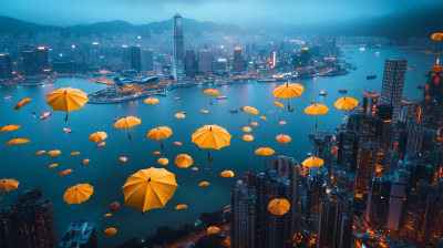 Yellow Umbrellas Over Victoria Harbour