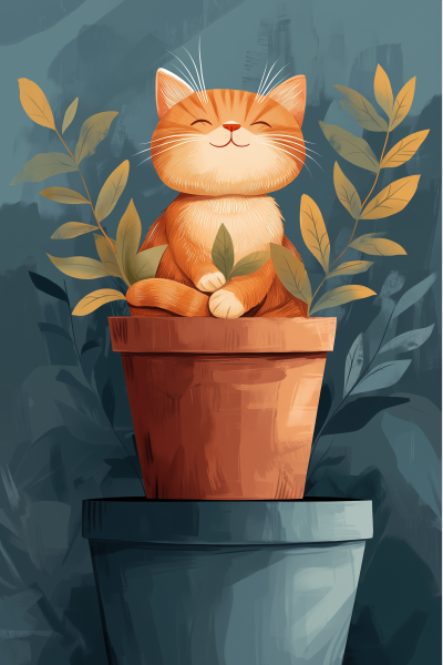 Contented Cat with Flower Pot