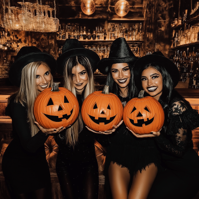 People posing with pumpkins in a bar