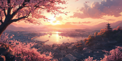 Coastal View of Japanese City at Golden Hour