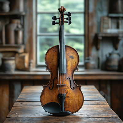 Violin on Rustic Table