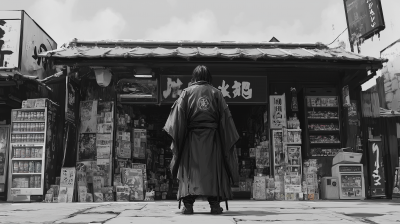 Japanese Cyberpunk Samurai in Front of a Toy Store