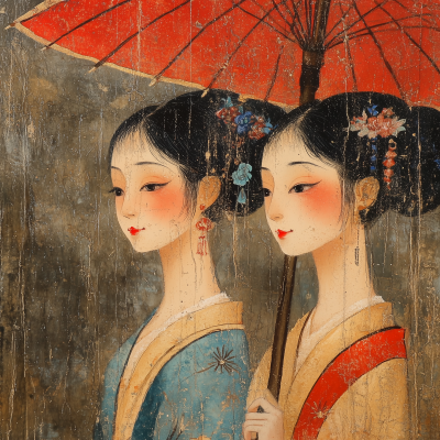 Ladies with Umbrella in Rain