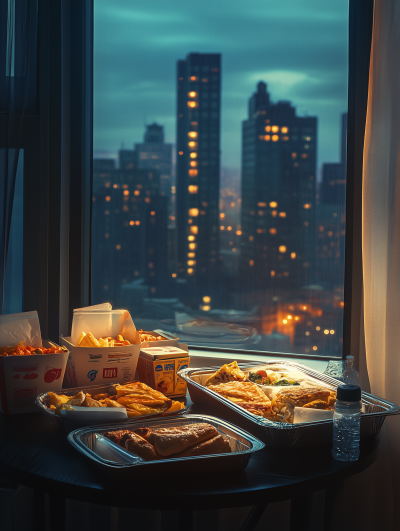 Nighttime Cityscape Takeout Food Display
