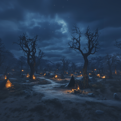 Medieval Night Encampment in Barren Landscape