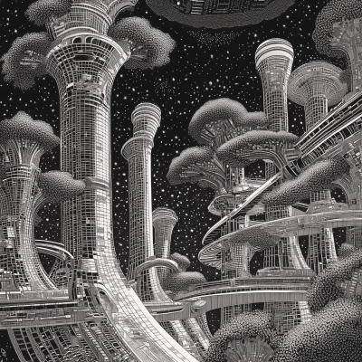 Futuristic Cityscape in Pointillism