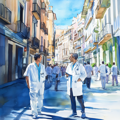 Sunny Urban Scene with Doctors