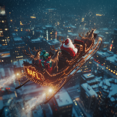 Santa Claus Flying in Sleigh with Reindeers