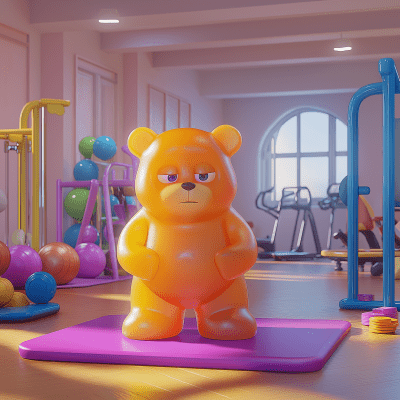 Sad Gummy Bear in a Playful Gym