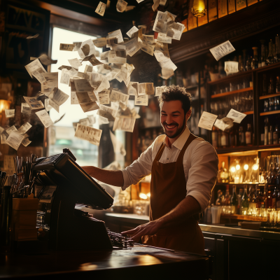 Smiling Bartender Amidst Flying Receipts