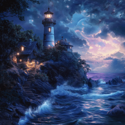 Steampunk Lighthouse at Night