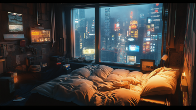 Cozy Urban Bedroom in Cyberpunk City