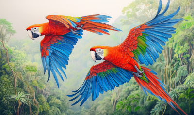 Scarlet Macaws in Flight