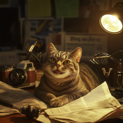 Happy Tabby Cat on Journalist’s Desk