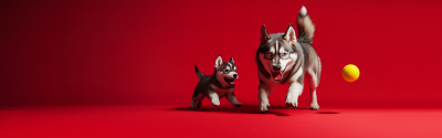 Happy Huskies Playing with a Yellow Ball