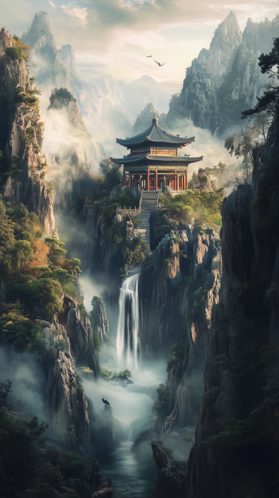 Tang Dynasty Temple in Majestic Mountains