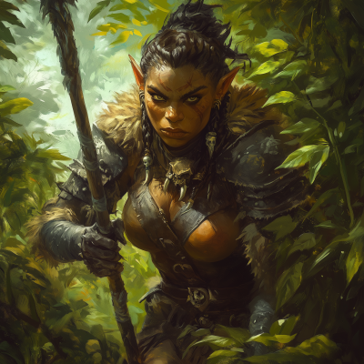 Muscular Female Orc Emerging from Bush