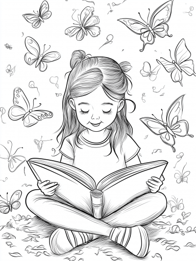 Girl Reading with Butterflies