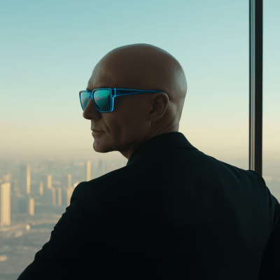 Bald businessman with neon sunglasses