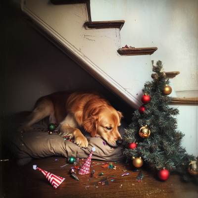 Golden Retriever Chewing Christmas Decor