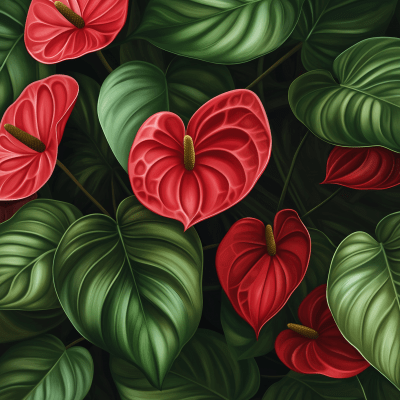 Monstera Leaf and Anthurium Flowers