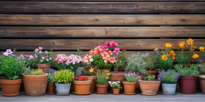Colorful Plant Pots Against Wooden Wall