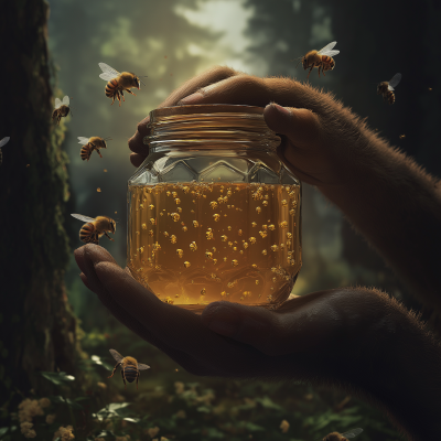 Bear holding hexagon glass honey jar in the forest