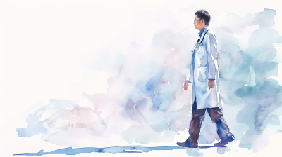 Watercolor painting of a doctor walking