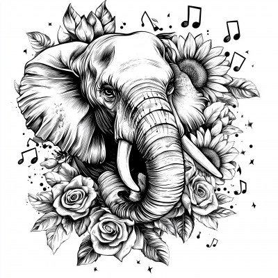 Elephant Portrait with Flowers