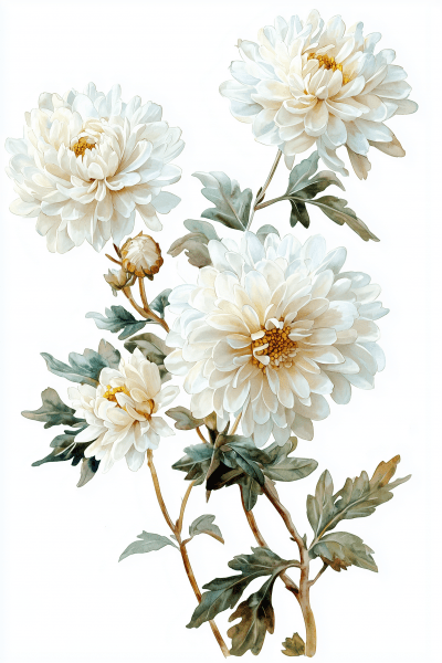 Watercolor White Chrysanthemums