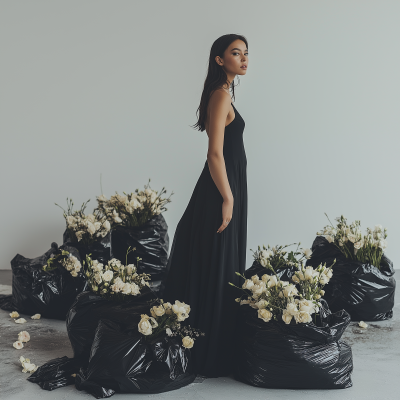 Model in Black Dress with Flowers