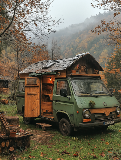 Olive Green Van in the Countryside